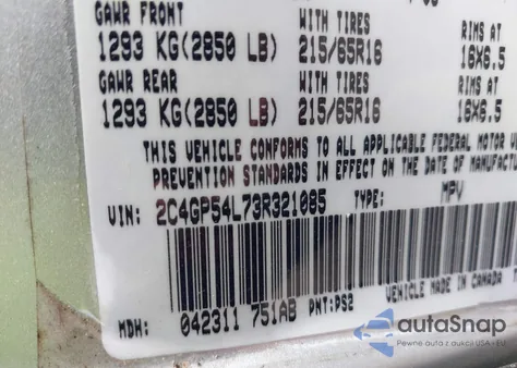 2003 Chrysler Town & Country Lxi from USA, damaged, VIN 2C4GP54L73R321085